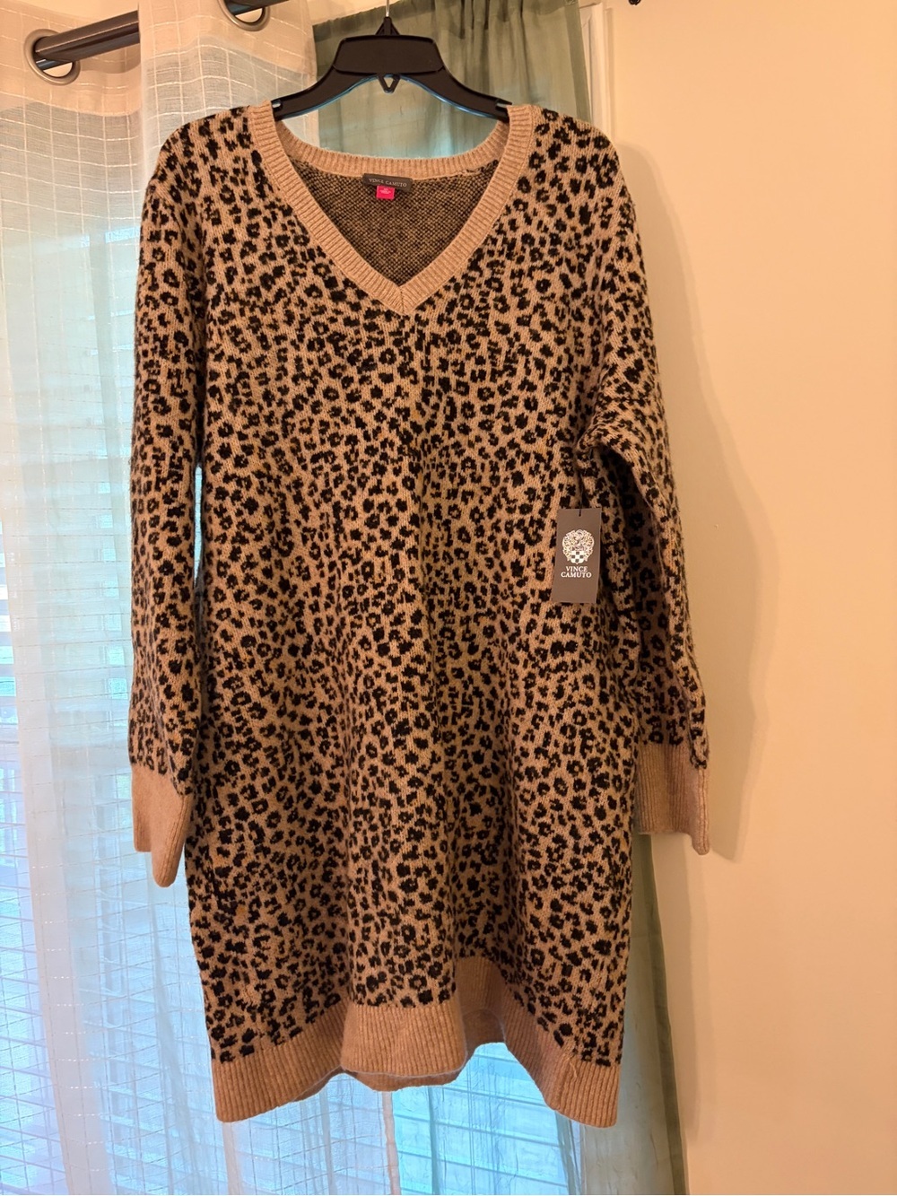 Vince Camuto Two-Tone Camel and Brown Cheetah Print V-Neck Sweater Dress